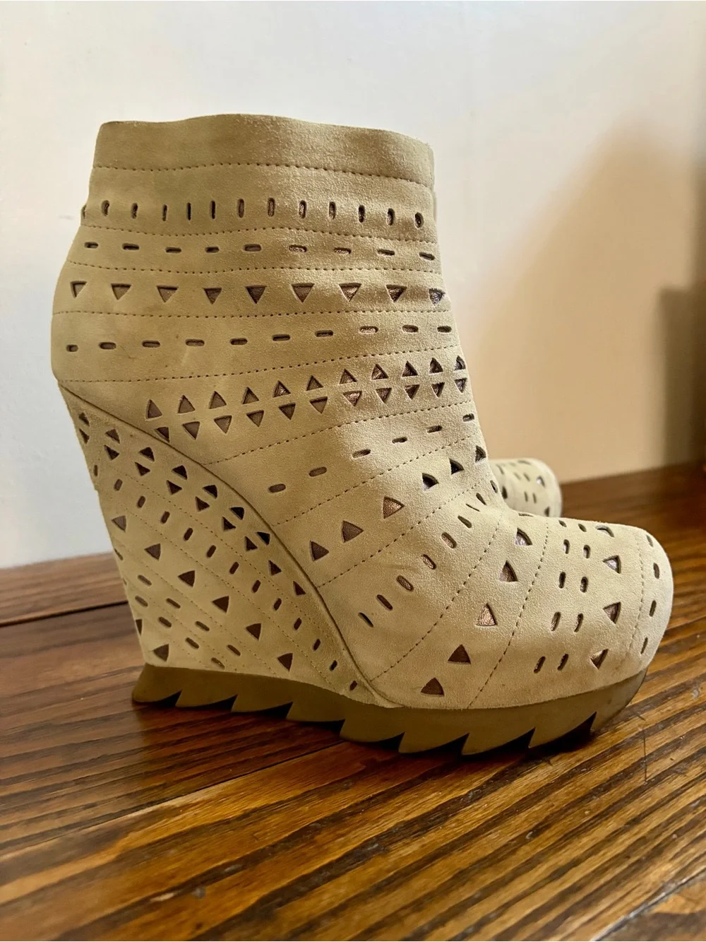 Cutout Suede Wedge Ankle Boots in Taupe